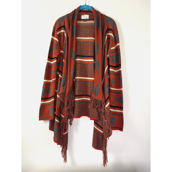 Say What Aztec Southwestern Fringe Cardigan L Boho Western Burnt Orange USA Fall - Picture 1 of 6